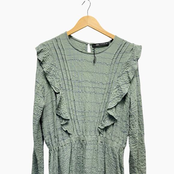NWOT Zara Ruffled Mini Dress Striped Blue and Green Women’s Size XL - Picture 4 of 9